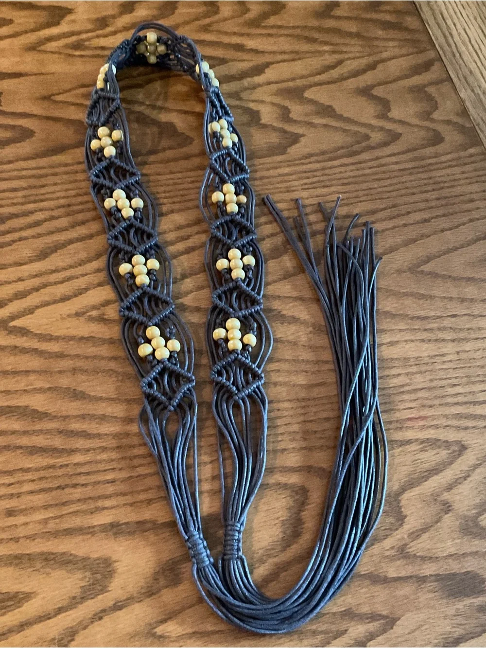 Vintage Boho Macrame Belt Wooden Bead Tassels; Boho Wooden Bead O-Ring Belt, 57”